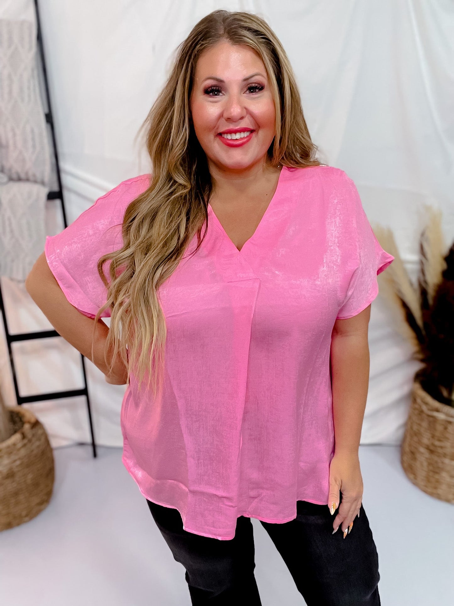 Solid Satin V - Neck Relaxed Fit Top in Pink Cosmos - Whiskey Skies - ANDREE BY UNIT