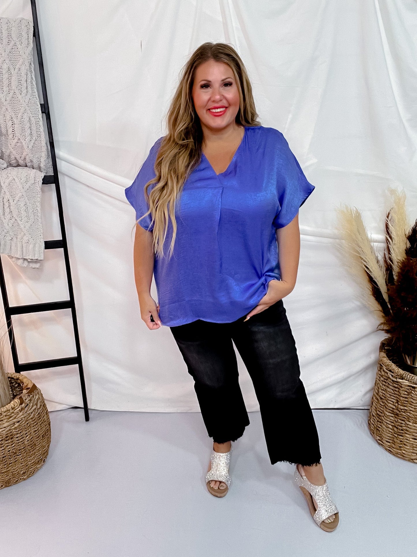 Solid Satin V - Neck Relaxed Fit Top in Royal Blue - Whiskey Skies - ANDREE BY UNIT