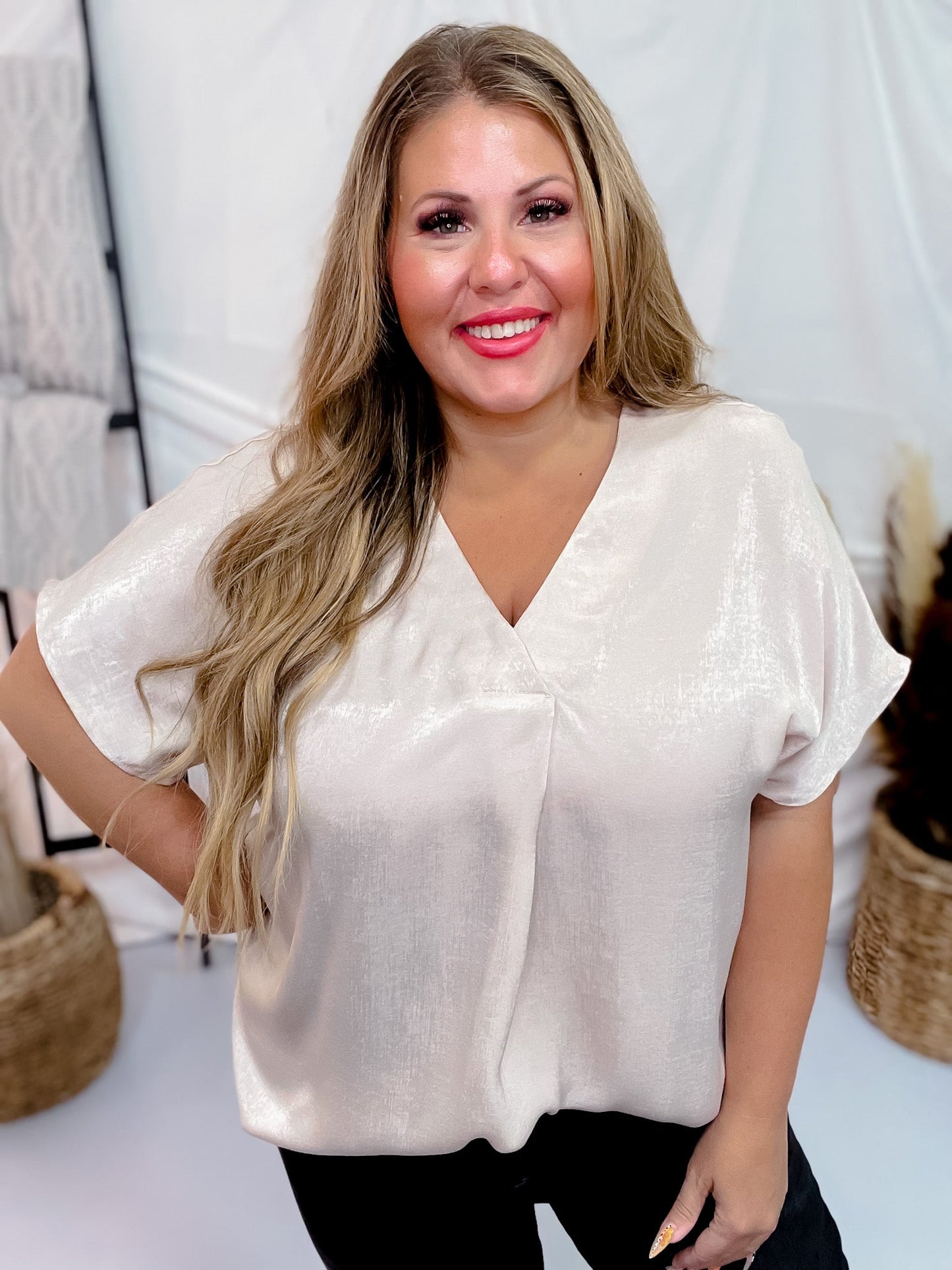 Solid Satin V - Neck Relaxed Fit Top in Taupe - Whiskey Skies - ANDREE BY UNIT