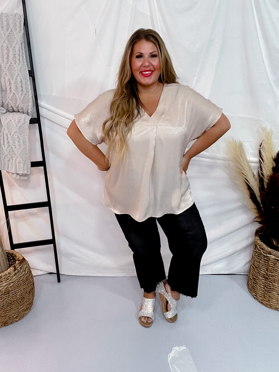 Solid Satin V - Neck Relaxed Fit Top in Taupe - Whiskey Skies - ANDREE BY UNIT