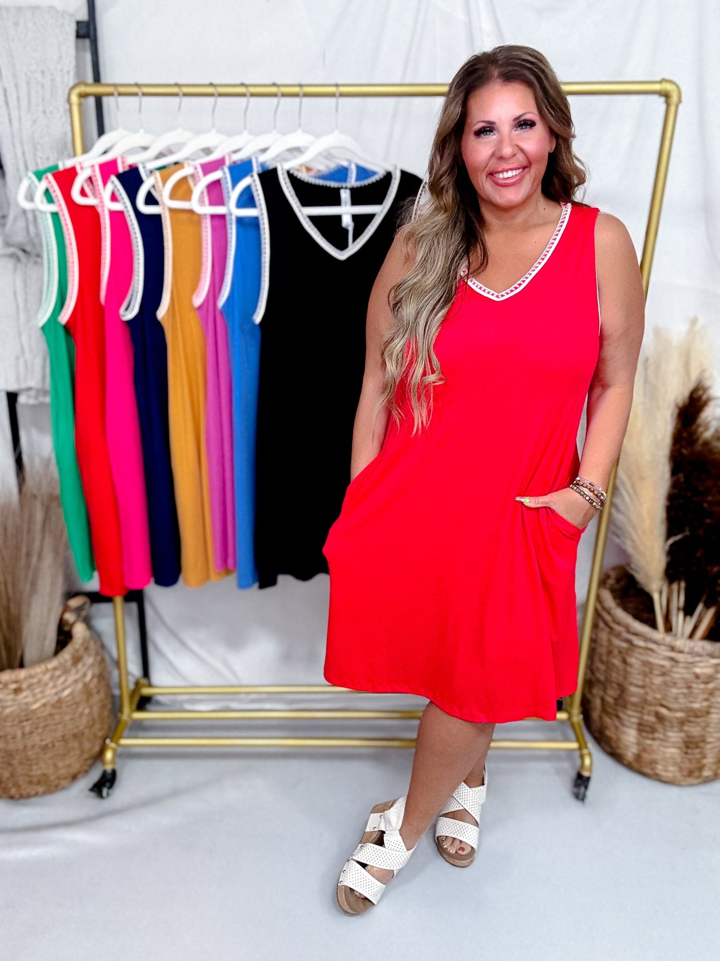 Solid Sleeveless Ribbed Dress W/ Embroidered Stitching Details (8 Colors) - Whiskey Skies - DEAR SCARLETT