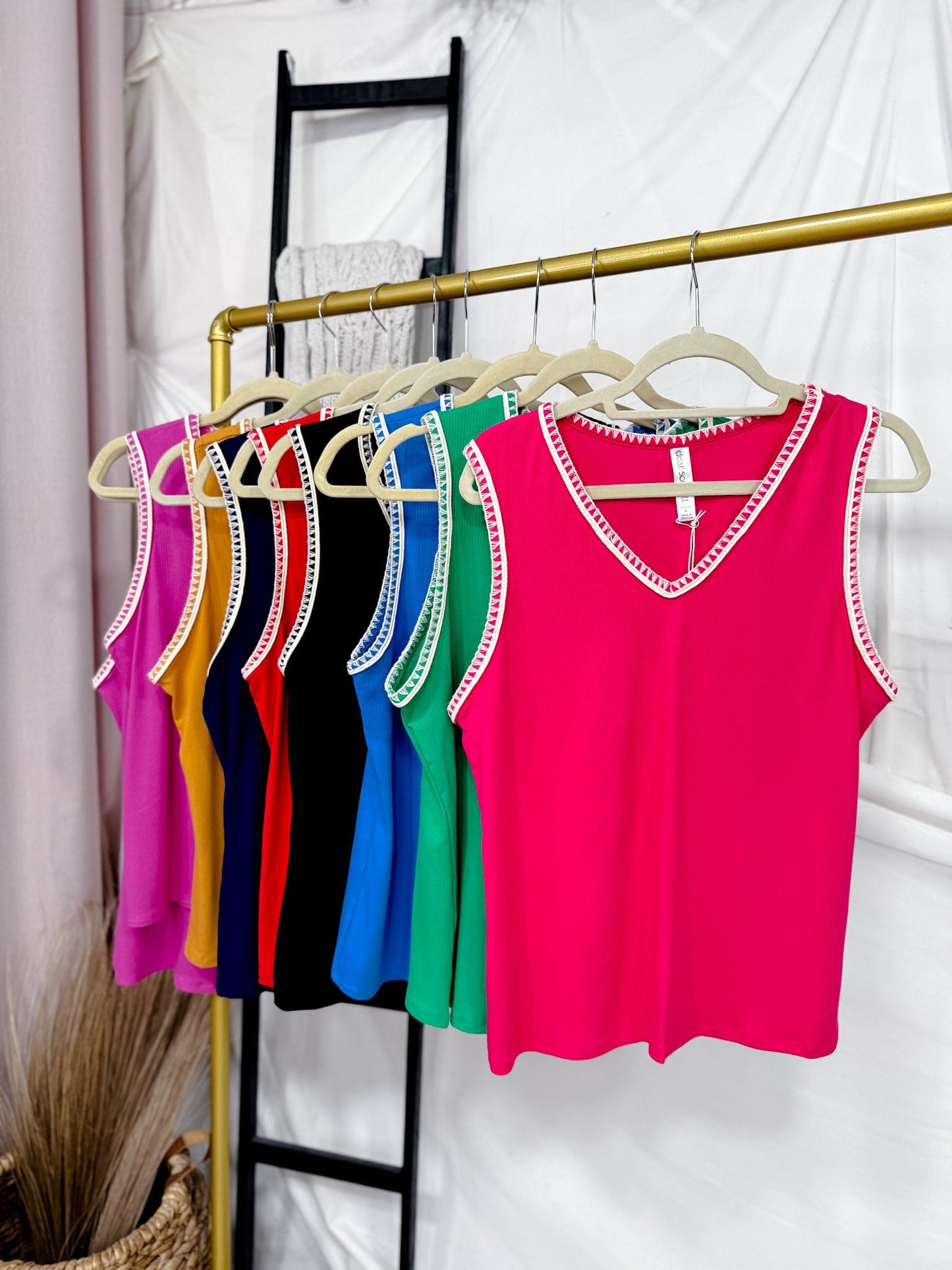 Solid Whisper V - Neck Tank Top W/ Embroidered Neckline & Sleeves (8 Colors) - Whiskey Skies - DEAR SCARLETT