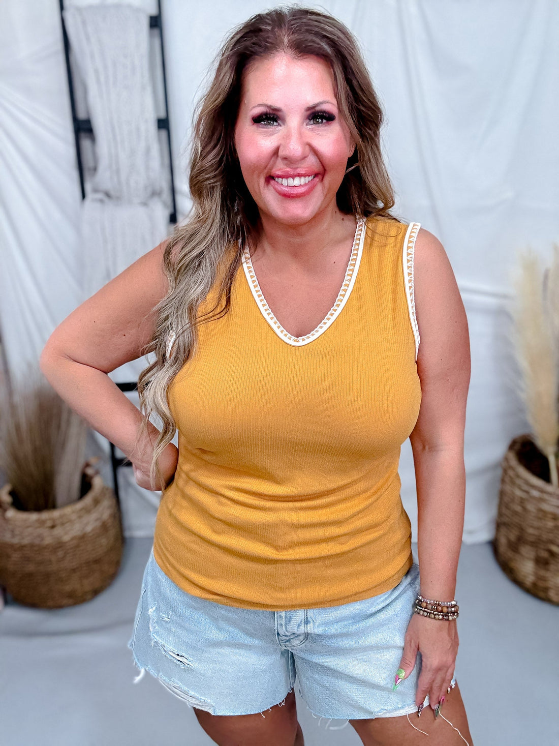 Solid Whisper V - Neck Tank Top W/ Embroidered Neckline & Sleeves (8 Colors) - Whiskey Skies - DEAR SCARLETT