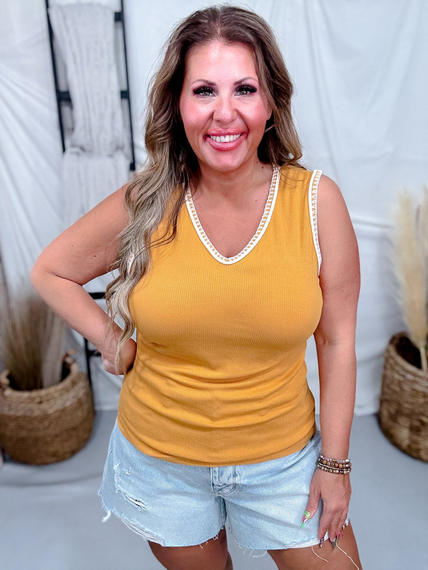 Solid Whisper V - Neck Tank Top W/ Embroidered Neckline & Sleeves (8 Colors) - Whiskey Skies - DEAR SCARLETT