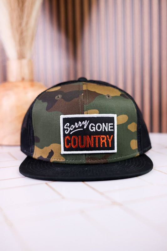 "Sorry Gone Country" Snapback Camo Trucker Hat - Whiskey Skies - RODEO HIPPIE