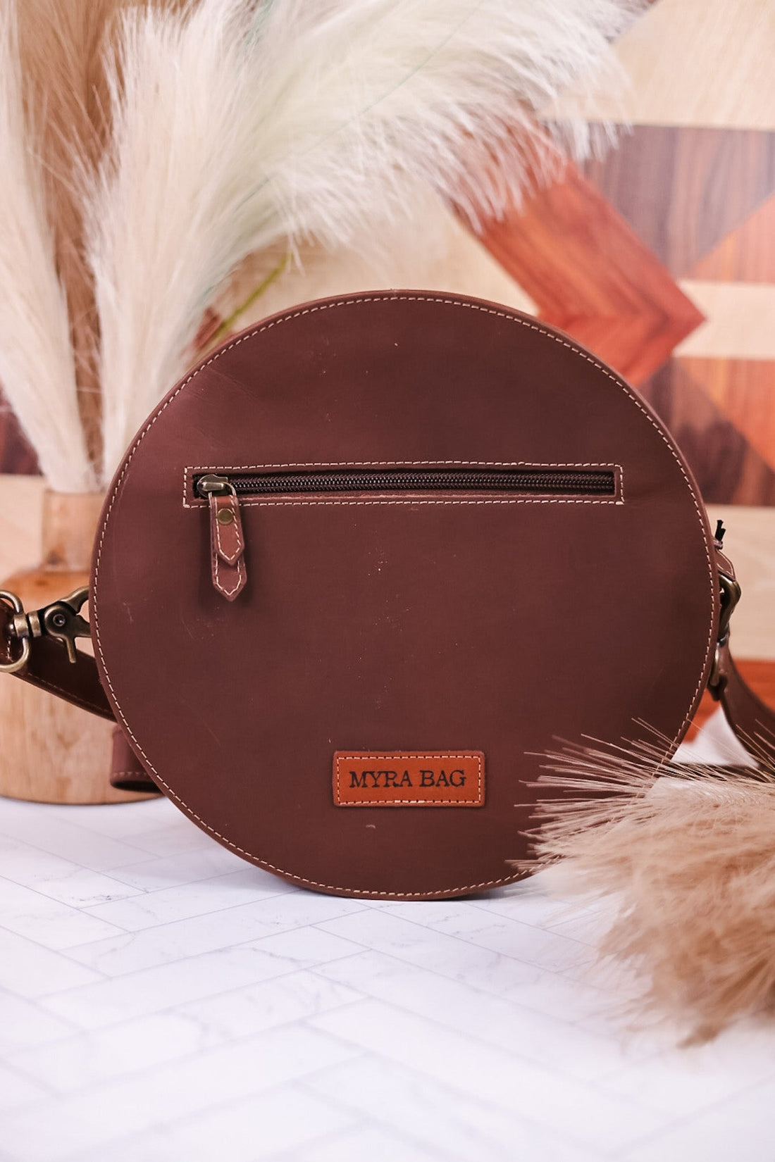 Southwestern Hand Tooled Round Leather Bag - Whiskey Skies - MYRA BAGS