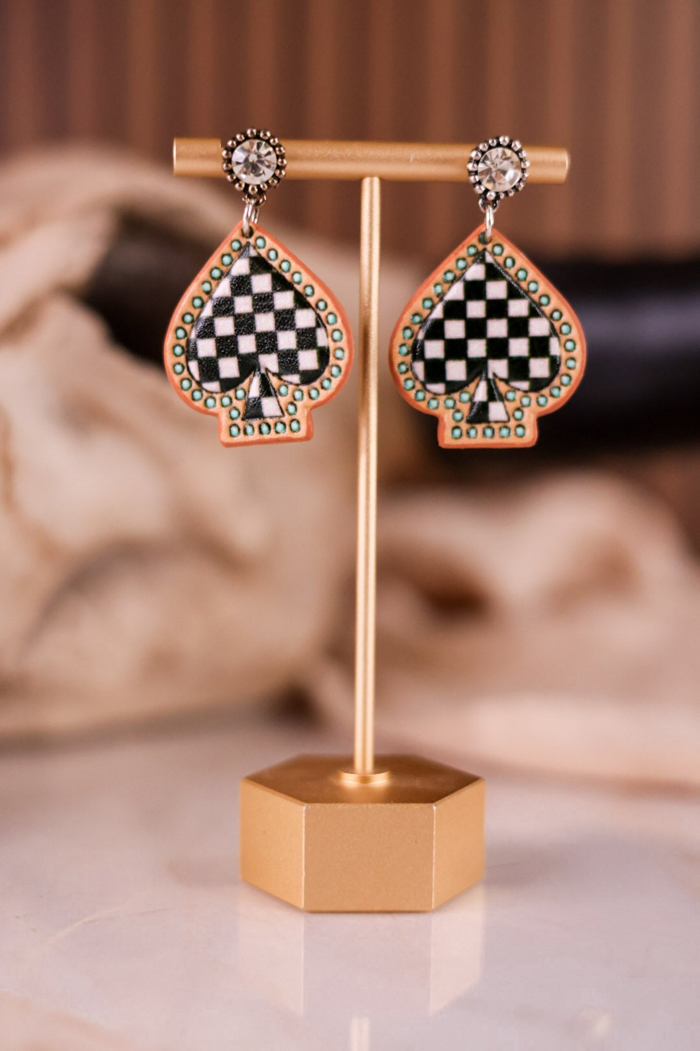 Spade Western Style Leather Stone Post Drop Dangle Earrings