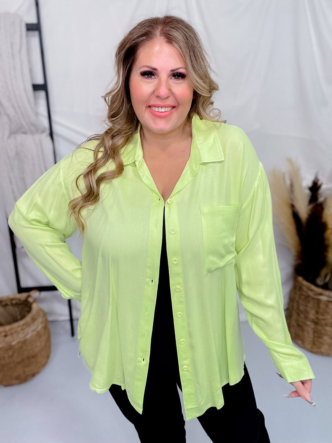 Sparkly Lime Green Button Up Top - Whiskey Skies - JNNA