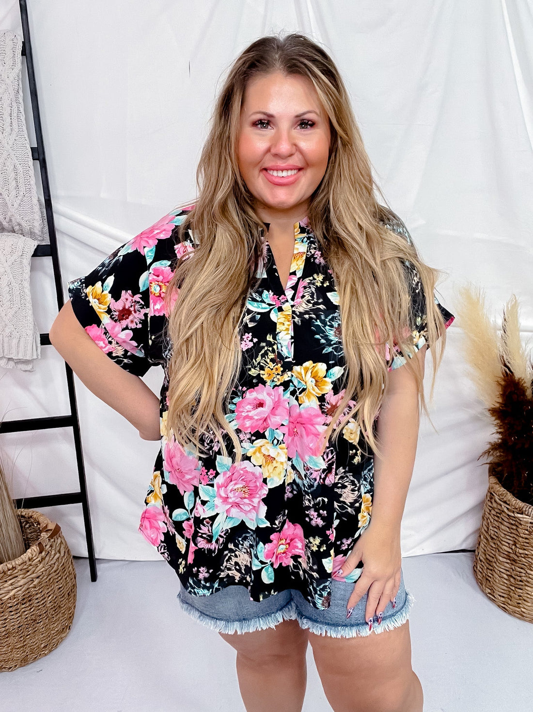 Split Neck Black Floral Top with Dolman Sleeves - Whiskey Skies - ANDREE BY UNIT