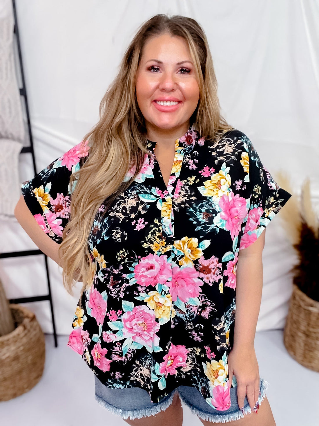 Split Neck Black Floral Top with Dolman Sleeves - Whiskey Skies - ANDREE BY UNIT