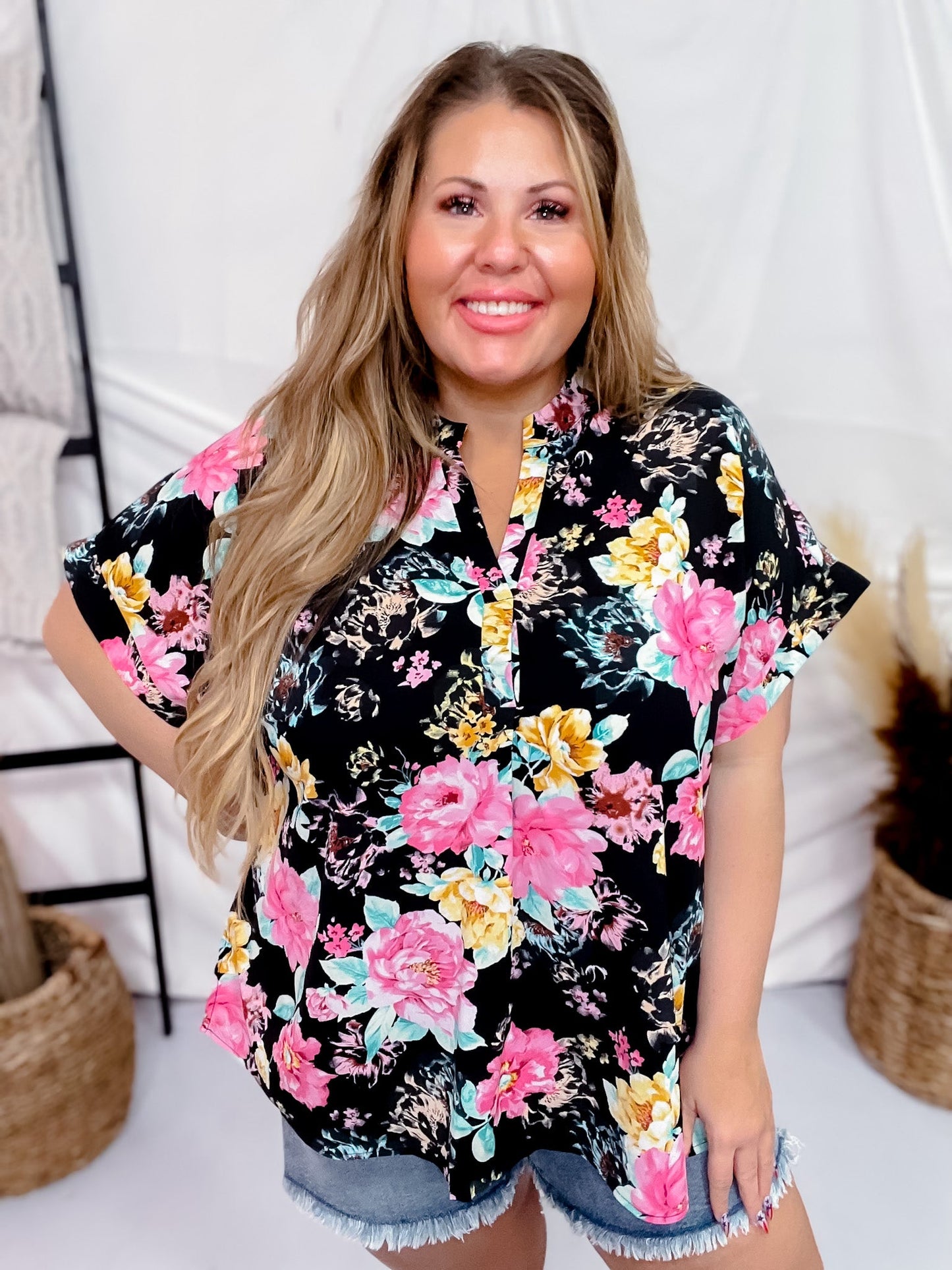 Split Neck Black Floral Top with Dolman Sleeves - Whiskey Skies - ANDREE BY UNIT