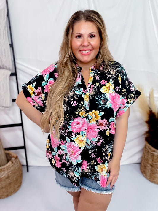 Split Neck Black Floral Top with Dolman Sleeves - Whiskey Skies - ANDREE BY UNIT