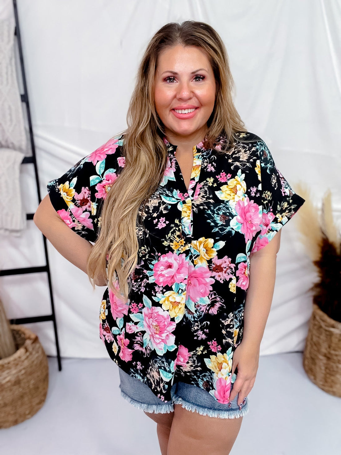 Split Neck Black Floral Top with Dolman Sleeves - Whiskey Skies - ANDREE BY UNIT