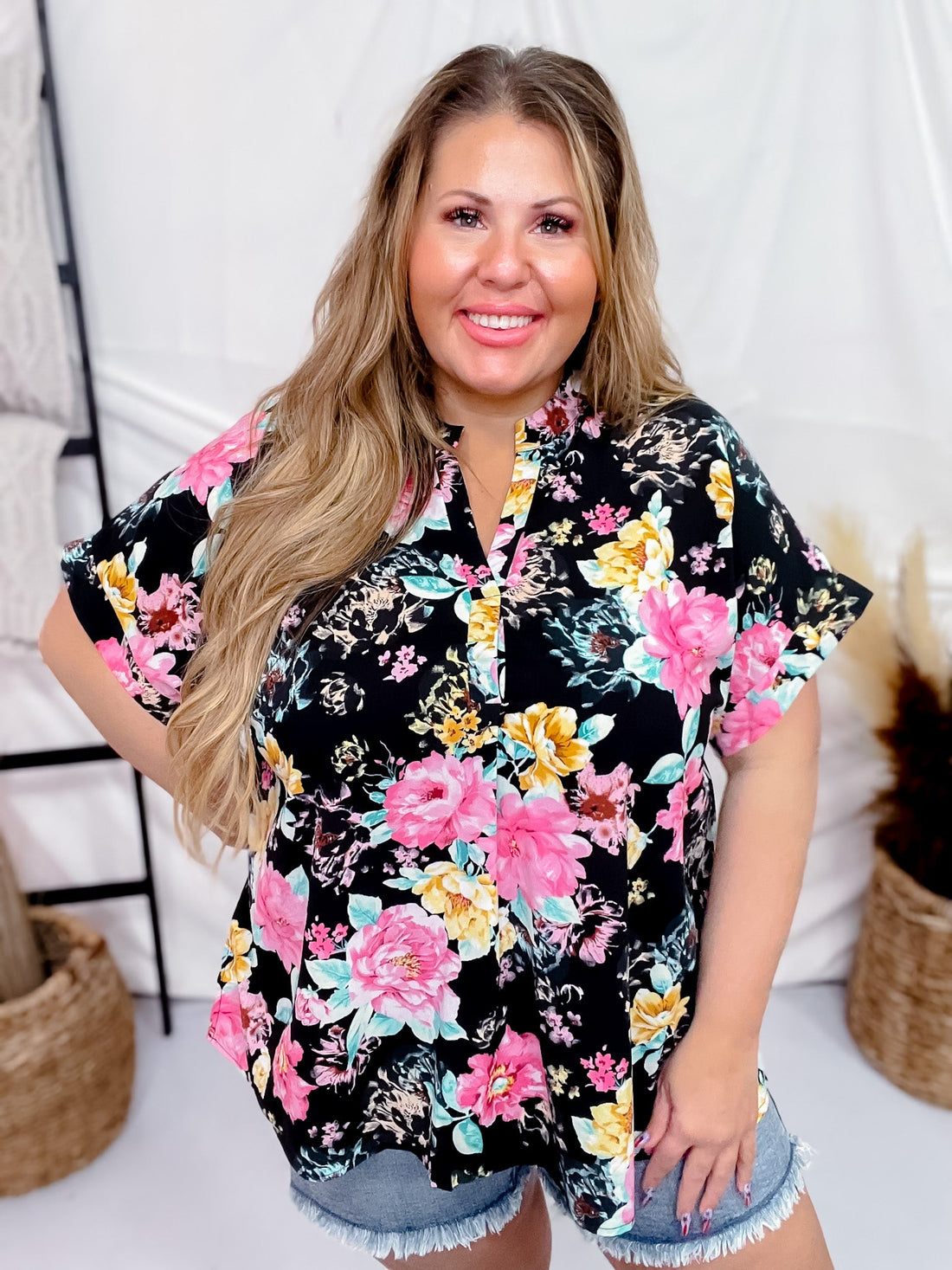 Split Neck Black Floral Top with Dolman Sleeves - Whiskey Skies - ANDREE BY UNIT