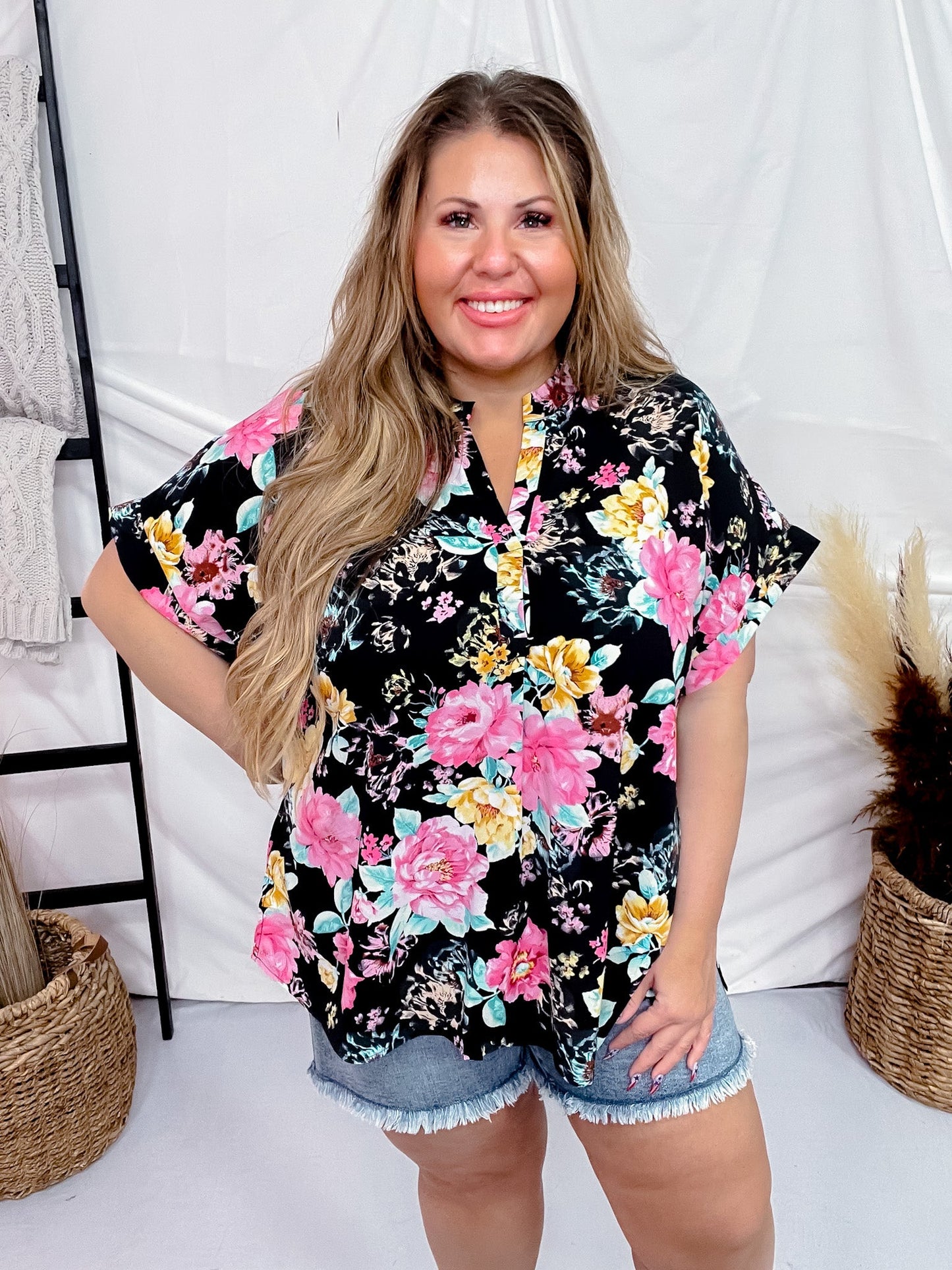 Split Neck Black Floral Top with Dolman Sleeves - Whiskey Skies - ANDREE BY UNIT