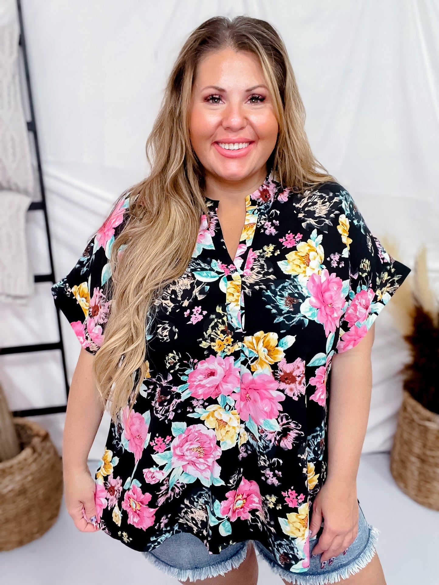 Split Neck Black Floral Top with Dolman Sleeves - Whiskey Skies - ANDREE BY UNIT