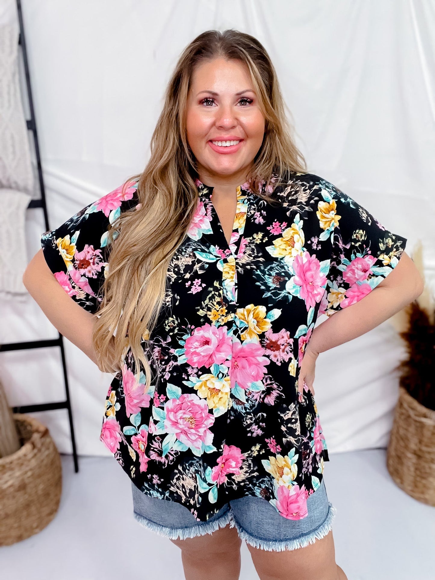 Split Neck Black Floral Top with Dolman Sleeves - Whiskey Skies - ANDREE BY UNIT