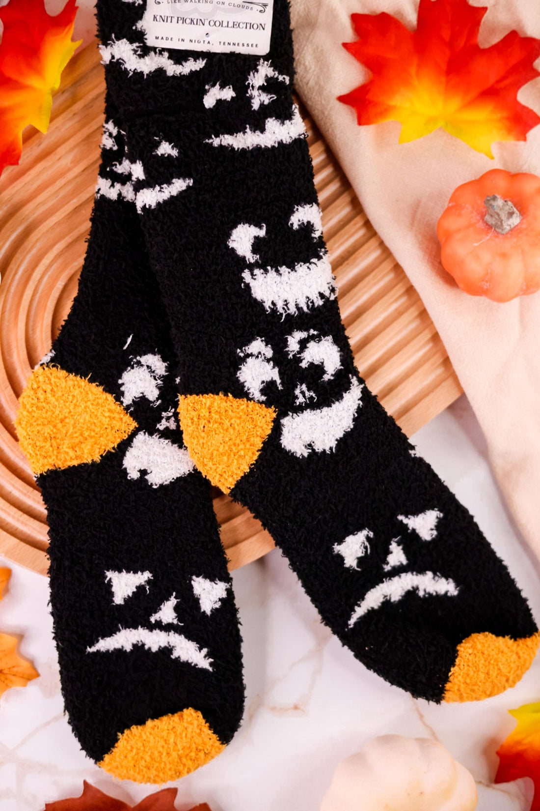 Spooky Faces Fuzzy Crew Socks - Whiskey Skies - CRESCENT SOCK COMPANY
