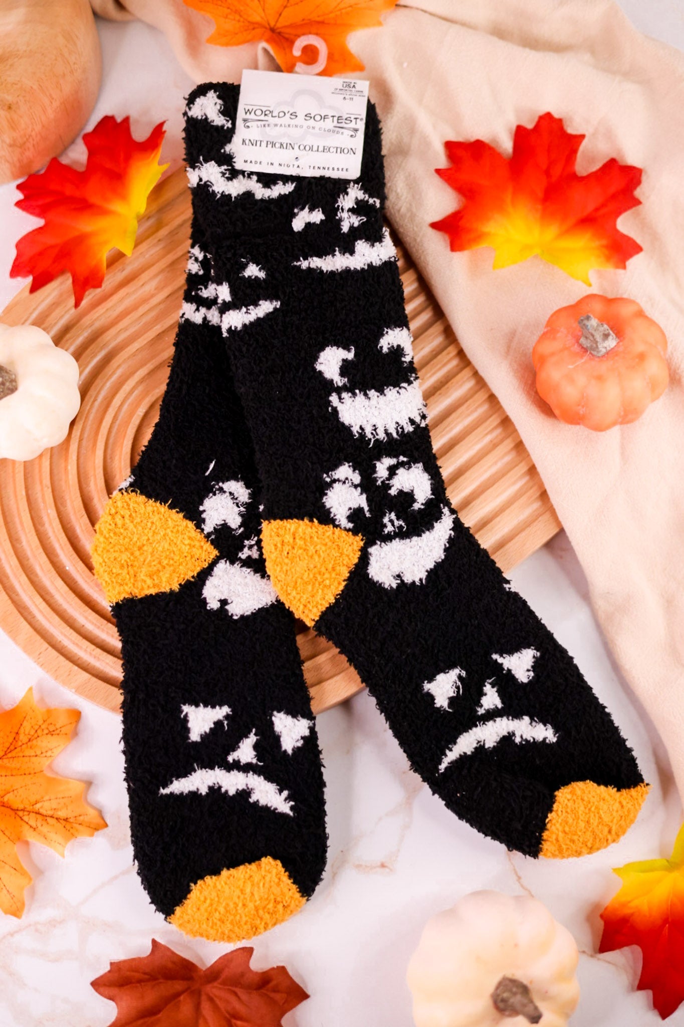 Spooky Faces Fuzzy Crew Socks - Whiskey Skies - CRESCENT SOCK COMPANY