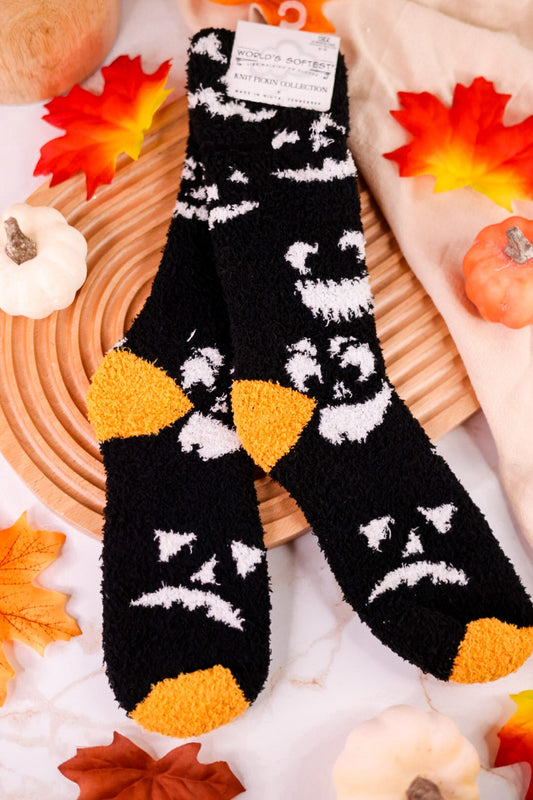 Spooky Faces Fuzzy Crew Socks - Whiskey Skies - CRESCENT SOCK COMPANY