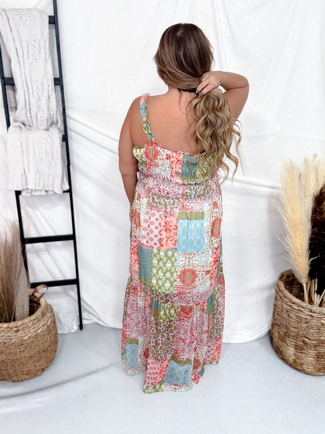 Spring Boho Patchwork Maxi Dress with Smocked Bodice - Whiskey Skies - J.NNA