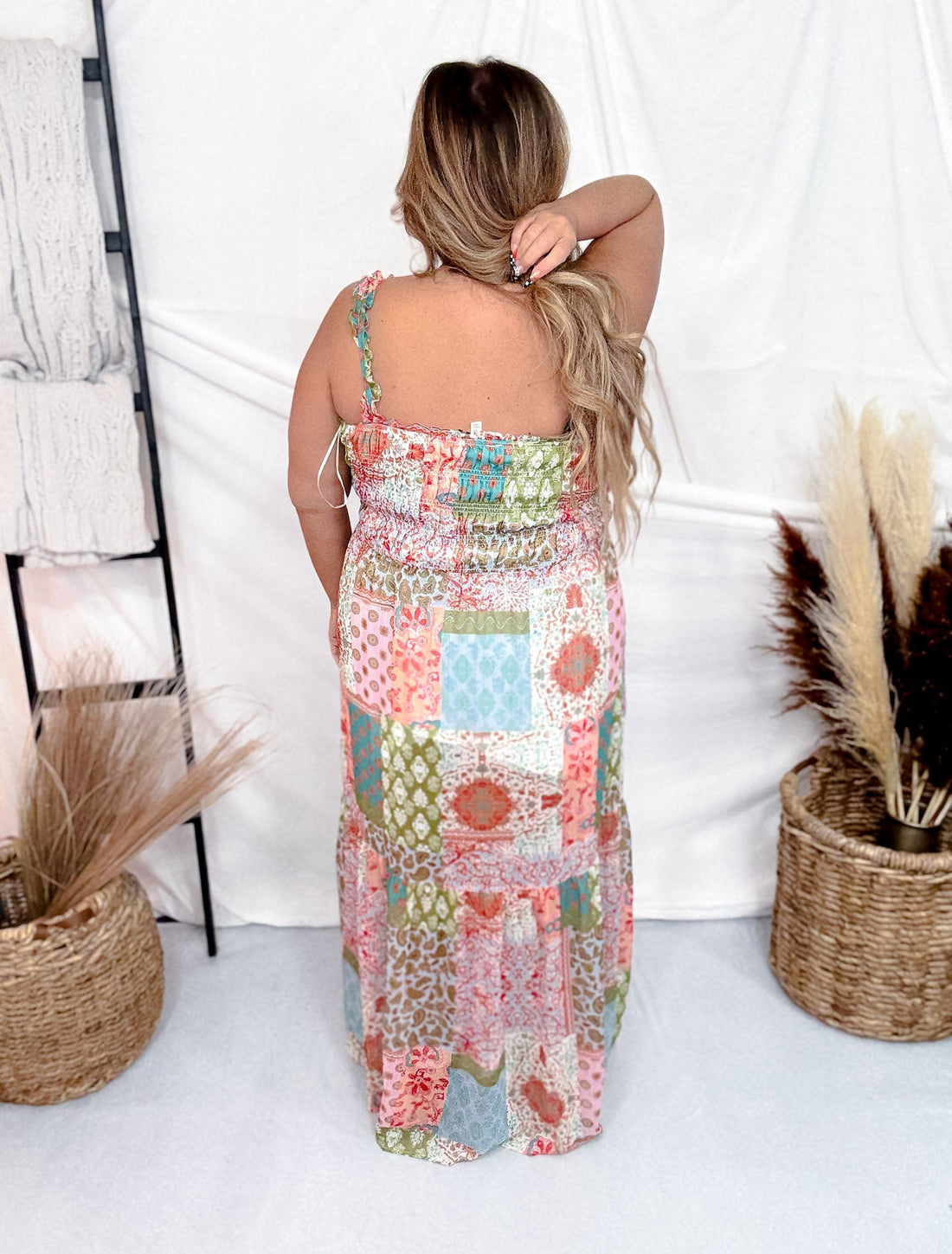 Spring Boho Patchwork Maxi Dress with Smocked Bodice - Whiskey Skies - J.NNA