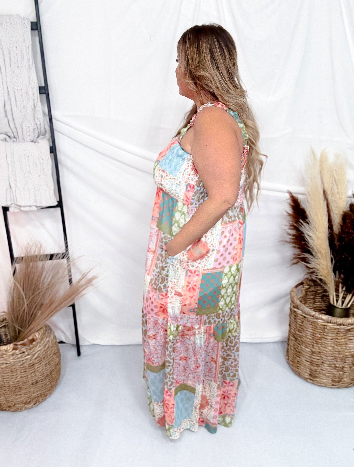 Spring Boho Patchwork Maxi Dress with Smocked Bodice - Whiskey Skies - J.NNA