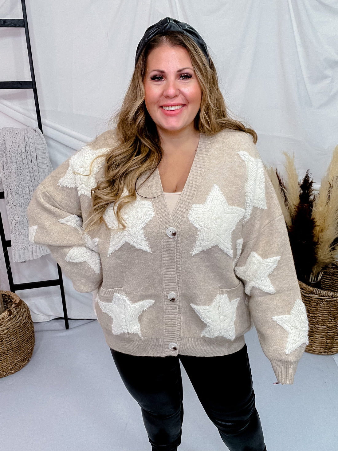 Star Detail Drop Shoulder Button Front Cardigan - Whiskey Skies - DAVI & DANI