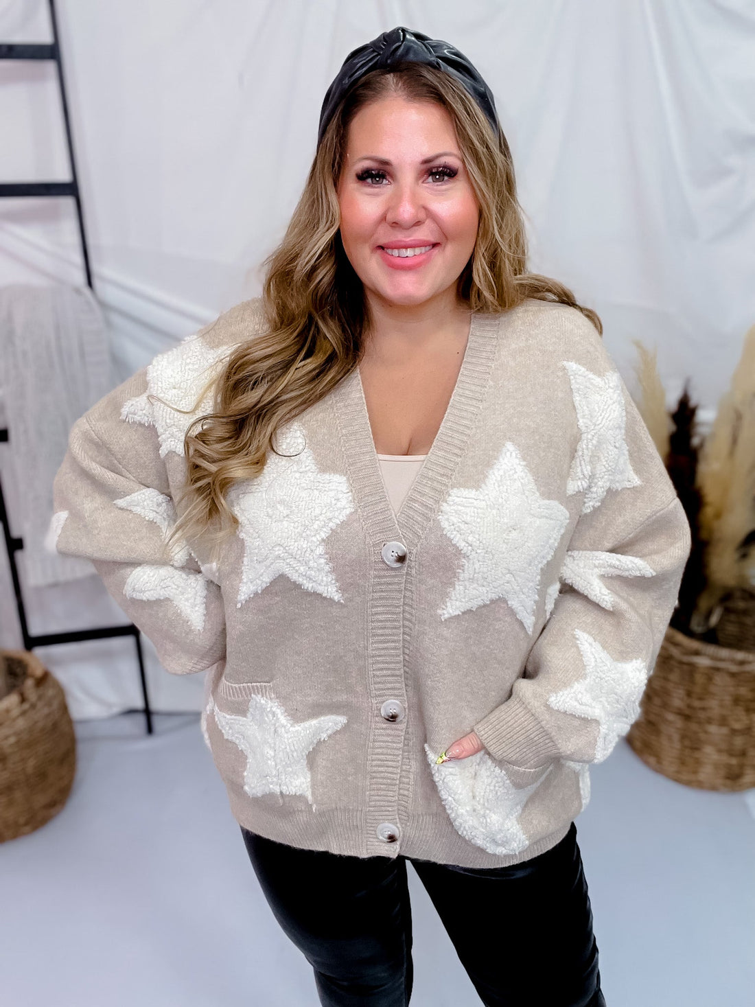 Star Detail Drop Shoulder Button Front Cardigan - Whiskey Skies - DAVI & DANI