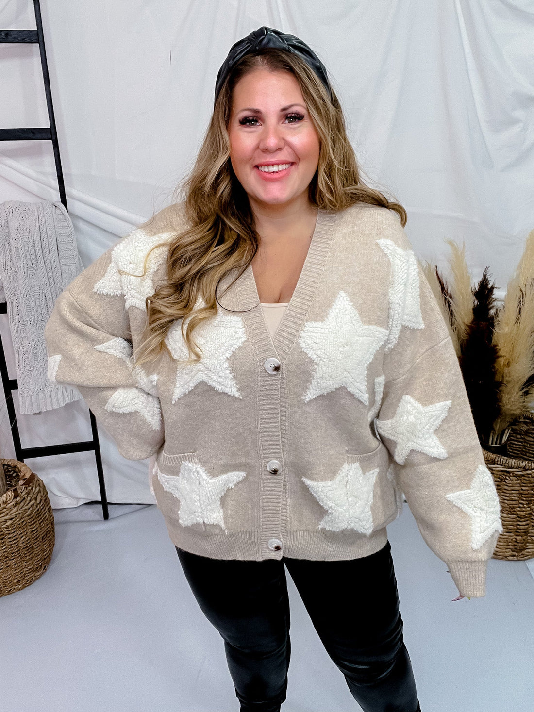 Star Detail Drop Shoulder Button Front Cardigan - Whiskey Skies - DAVI & DANI