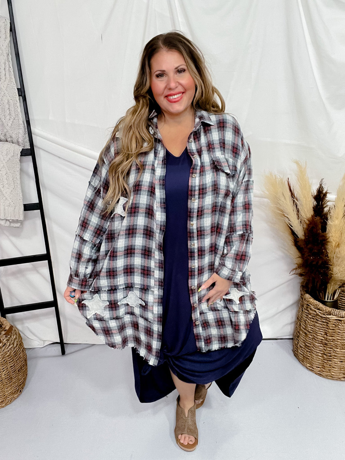 Star Patch Button Front Plaid Shirt Dress - Whiskey Skies - BLUEVELVET