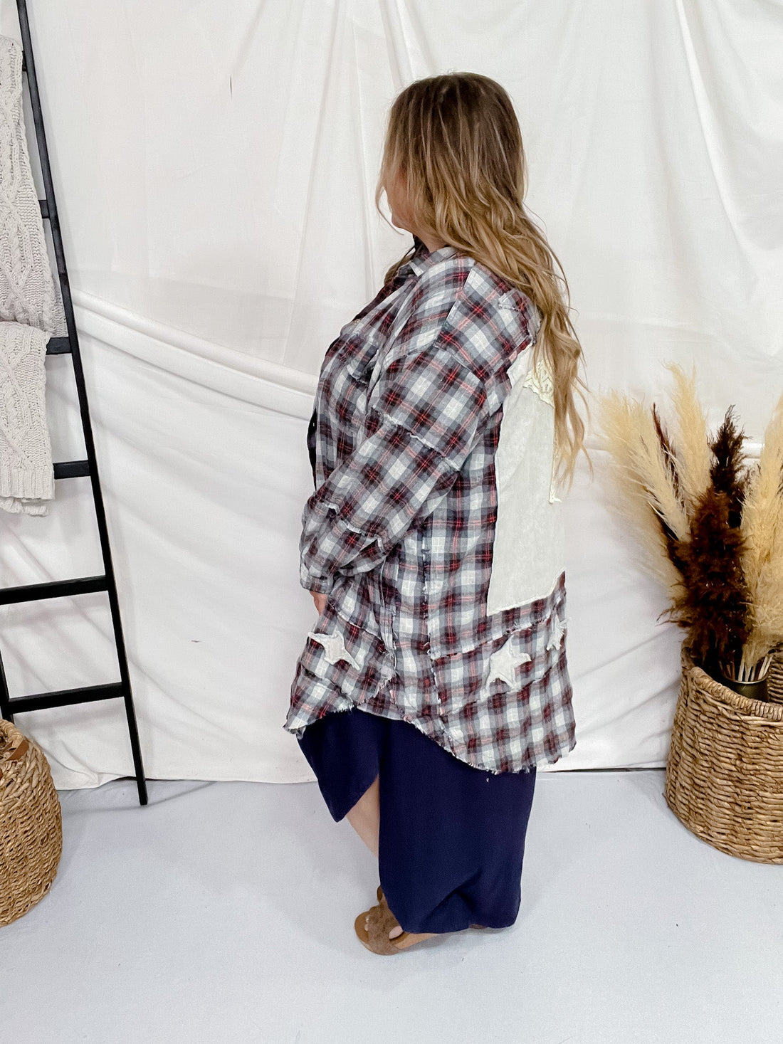 Star Patch Button Front Plaid Shirt Dress - Whiskey Skies - BLUEVELVET