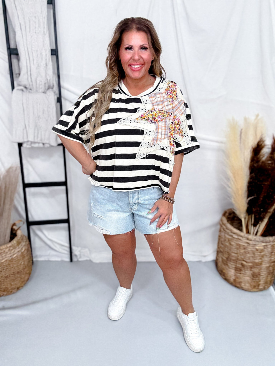 Star Patch Stripped Short Sleeve Crop Top - Whiskey Skies - OLI & HALI