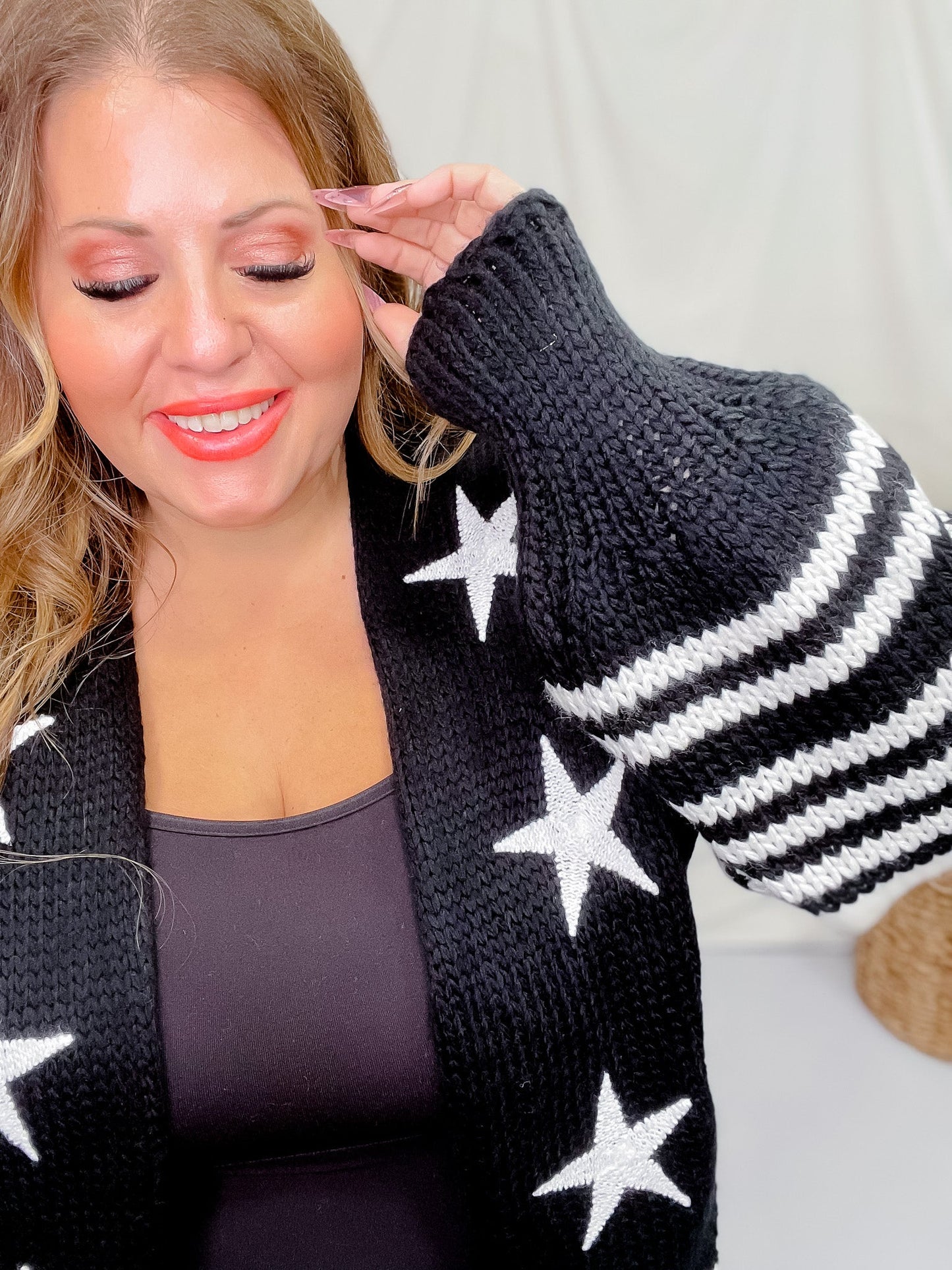 Star Print Long Sleeve Open Front Cardigan - Whiskey Skies - DAVI & DANI