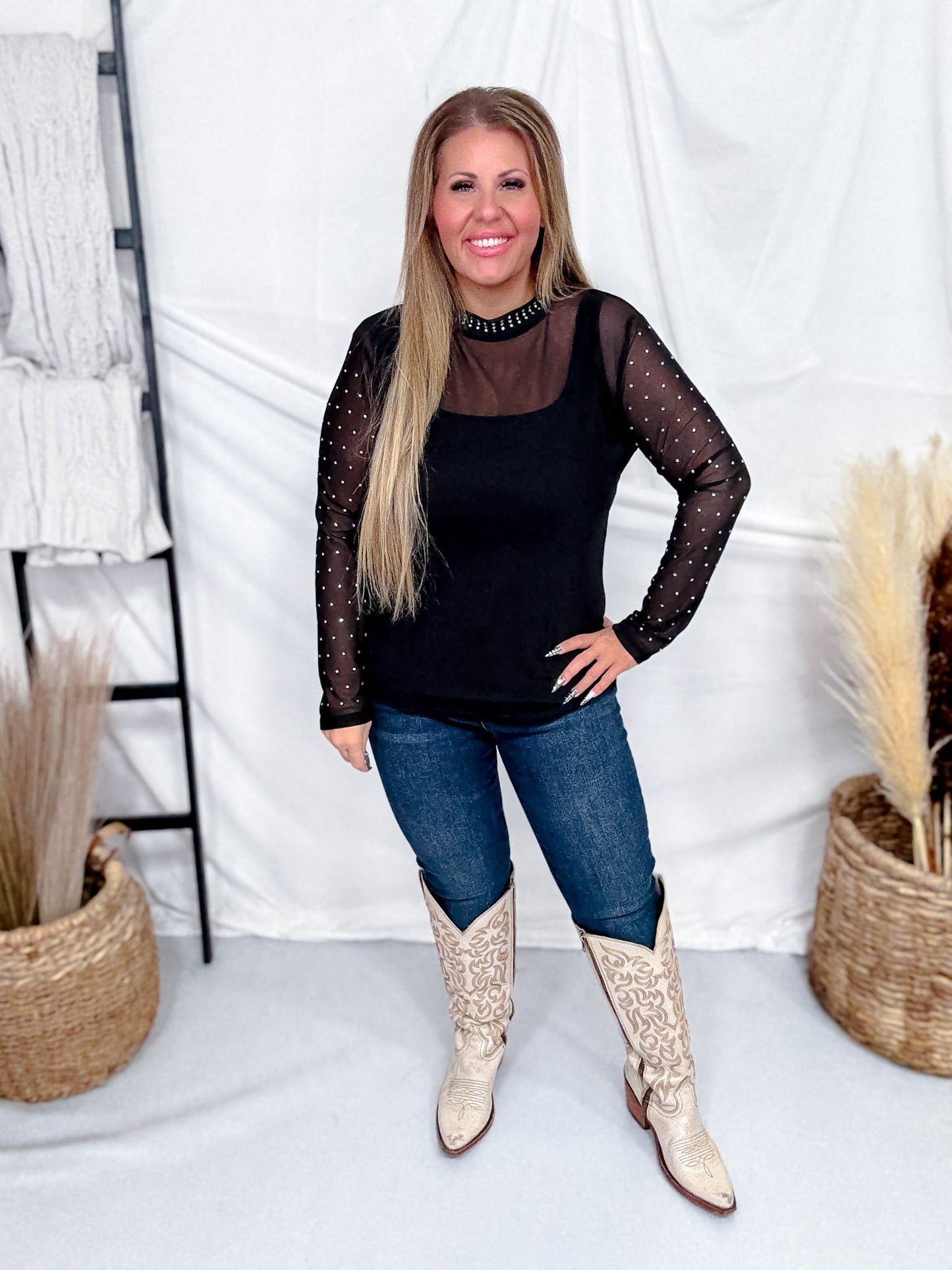 Stars At Night Rhinestone Studded Black Mesh Long Sleeve Top - Whiskey Skies - STERLING KREEK