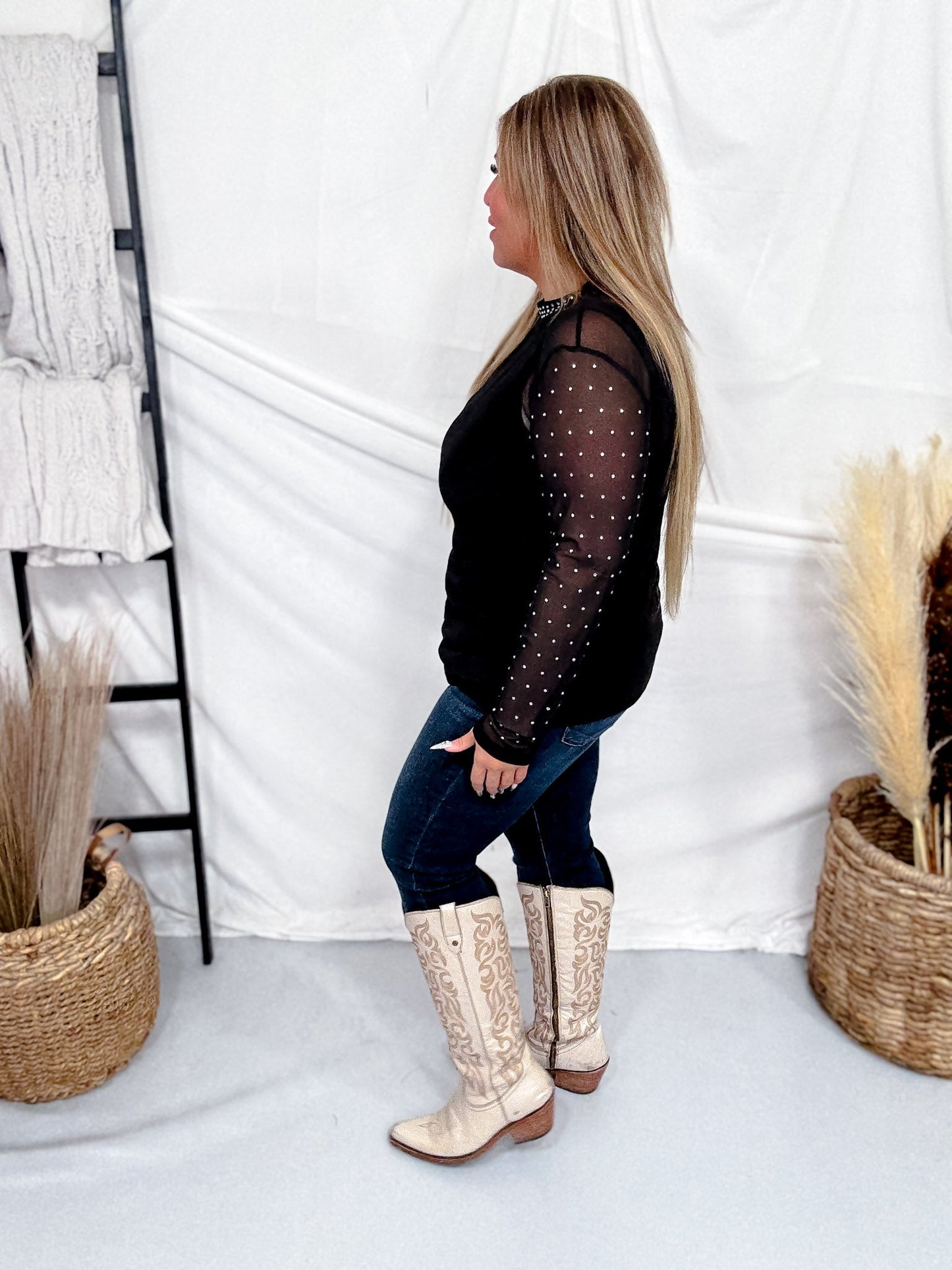 Stars At Night Rhinestone Studded Black Mesh Long Sleeve Top - Whiskey Skies - STERLING KREEK