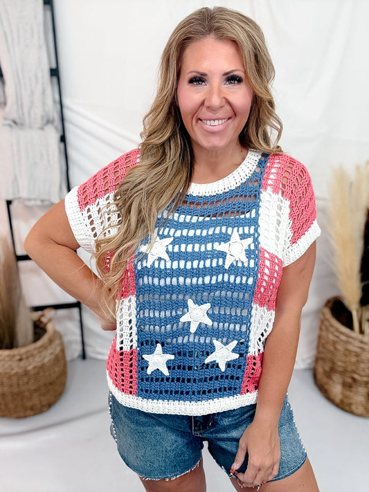Stars & Stripes Open Knit Short Sleeve Top - Whiskey Skies - BIBI
