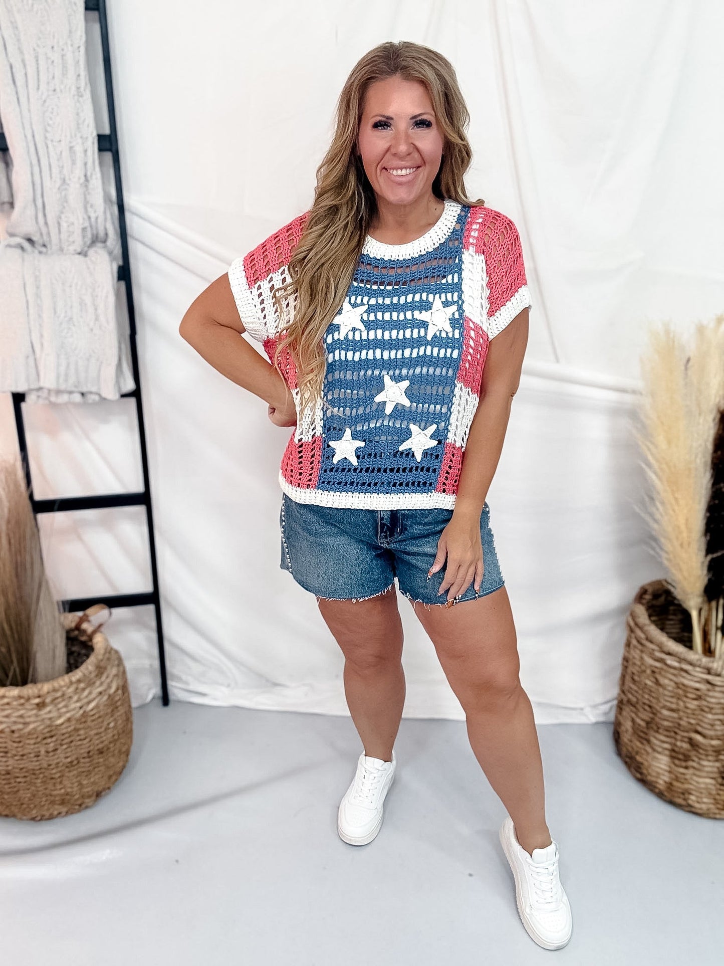 Stars & Stripes Open Knit Short Sleeve Top - Whiskey Skies - BIBI