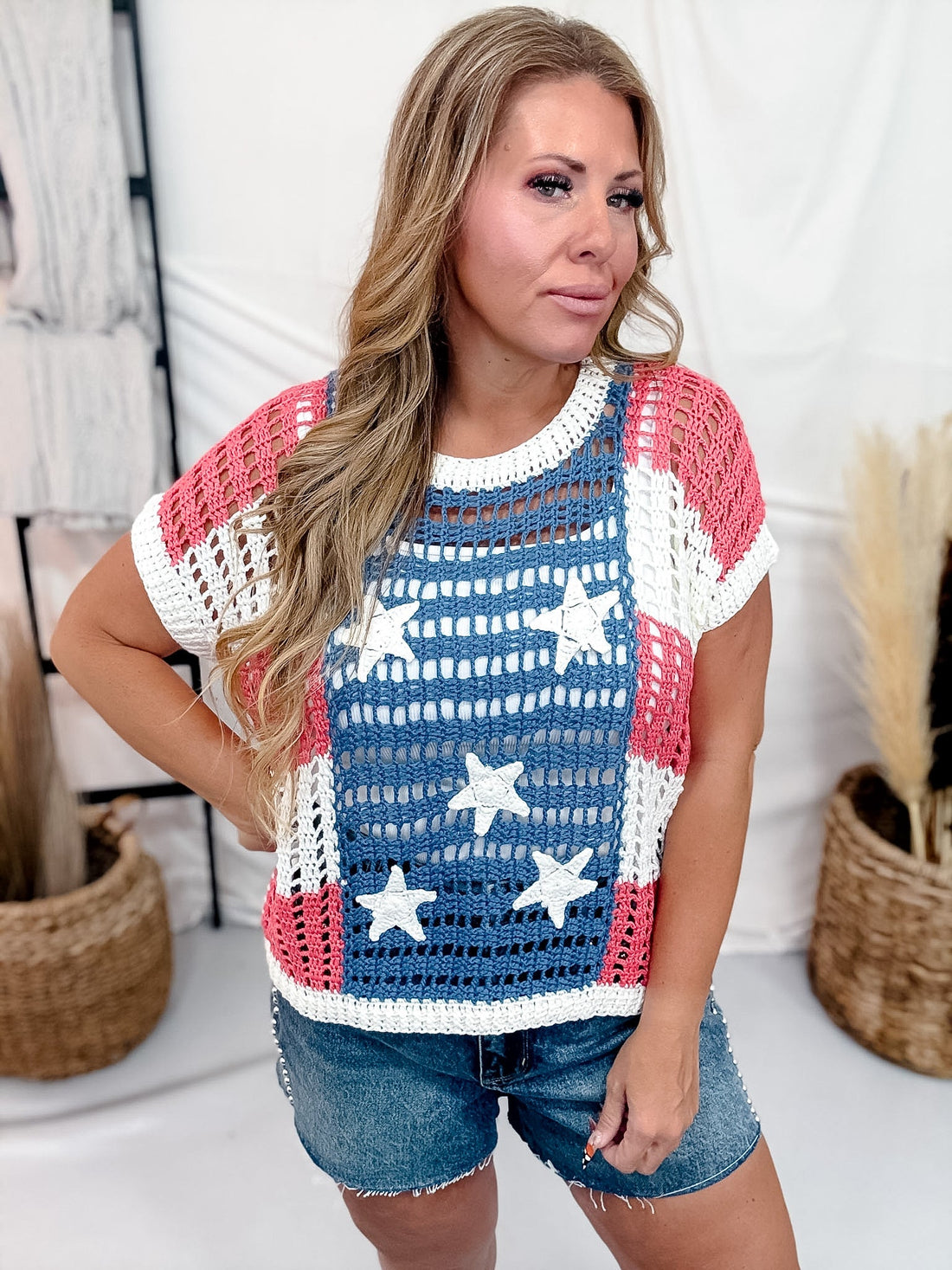 Stars & Stripes Open Knit Short Sleeve Top - Whiskey Skies - BIBI