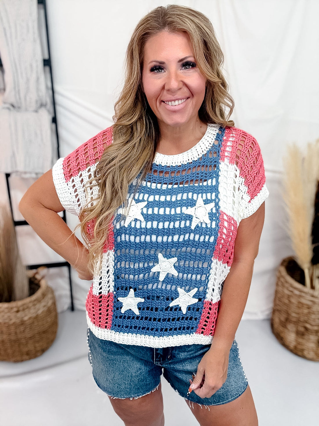 Stars & Stripes Open Knit Short Sleeve Top - Whiskey Skies - BIBI