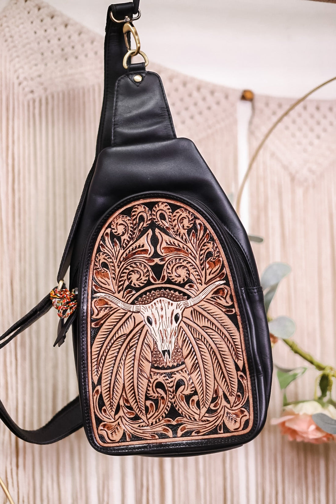 Steer Skull Leather Sling Bag - Whiskey Skies - MYRA BAGS