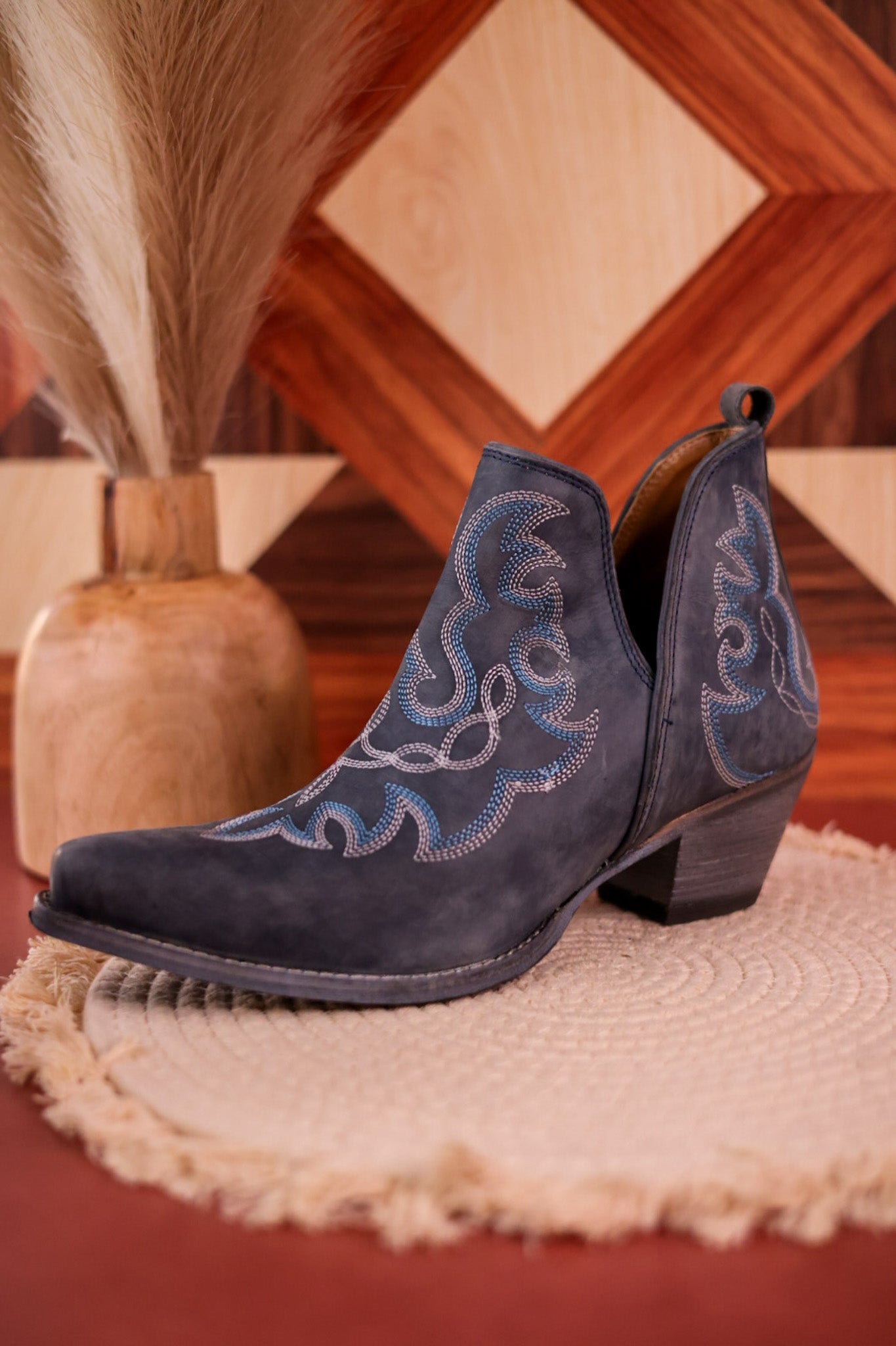 Stitched Leather Booties in Dusty Blue - Whiskey Skies - MYRA BAGS