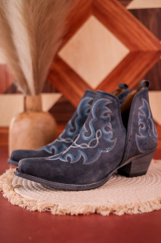 Stitched Leather Booties in Dusty Blue - Whiskey Skies - MYRA BAGS