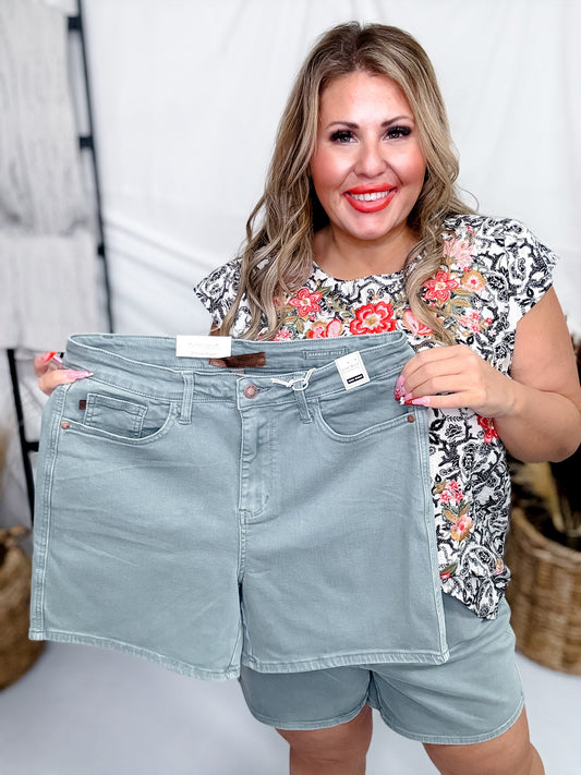 Stone Blue Garment Dyed Embroidered Pocket Judy Blue Denim Shorts - Whiskey Skies - JUDY BLUE