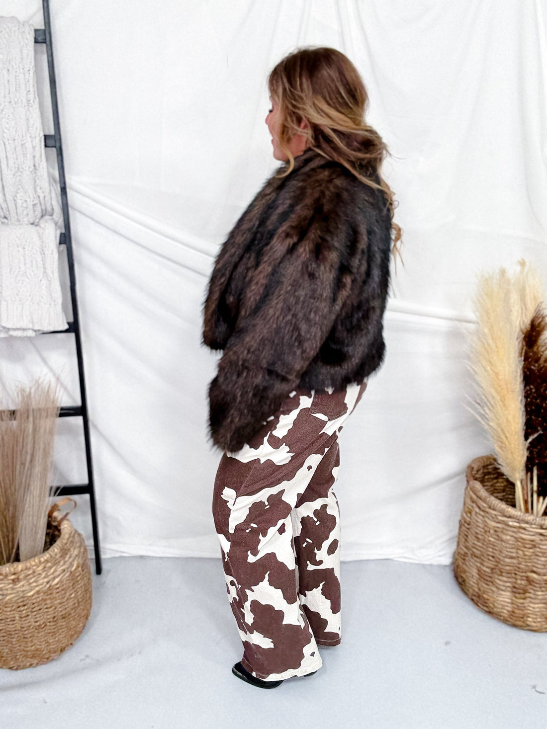 Straight Leg Brown & White Cow Print Denim Pants - Whiskey Skies - JADE BY JANE