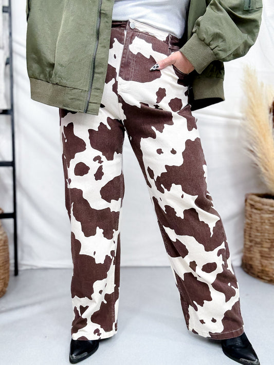 Straight Leg Brown & White Cow Print Denim Pants - Whiskey Skies - JADE BY JANE