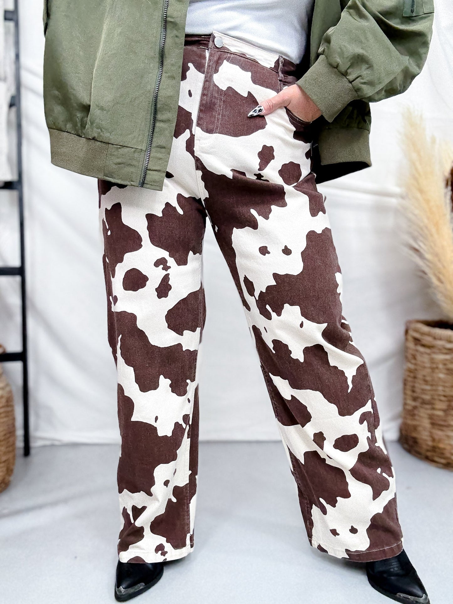 Straight Leg Brown & White Cow Print Denim Pants - Whiskey Skies - JADE BY JANE