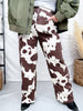 Straight Leg Brown & White Cow Print Denim Pants - Whiskey Skies - JADE BY JANE