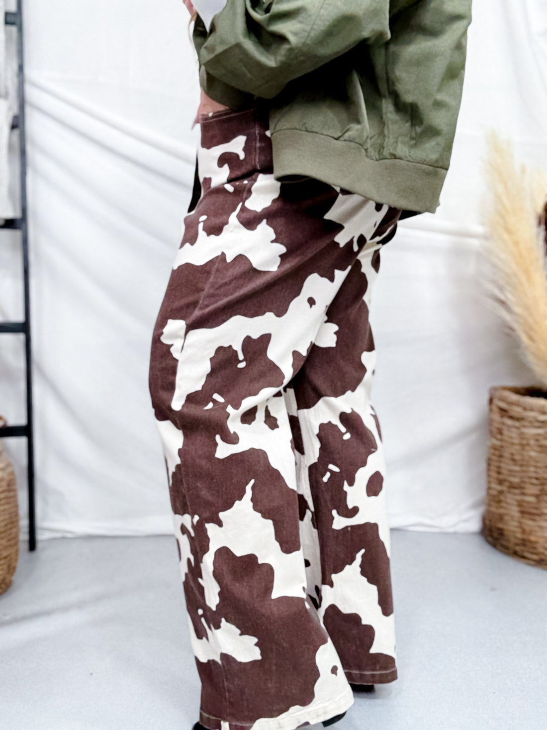 Straight Leg Brown & White Cow Print Denim Pants - Whiskey Skies - JADE BY JANE