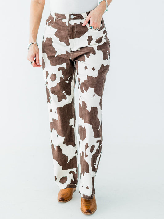 Straight Leg Brown & White Cow Print Denim Pants - Whiskey Skies - JADE BY JANE